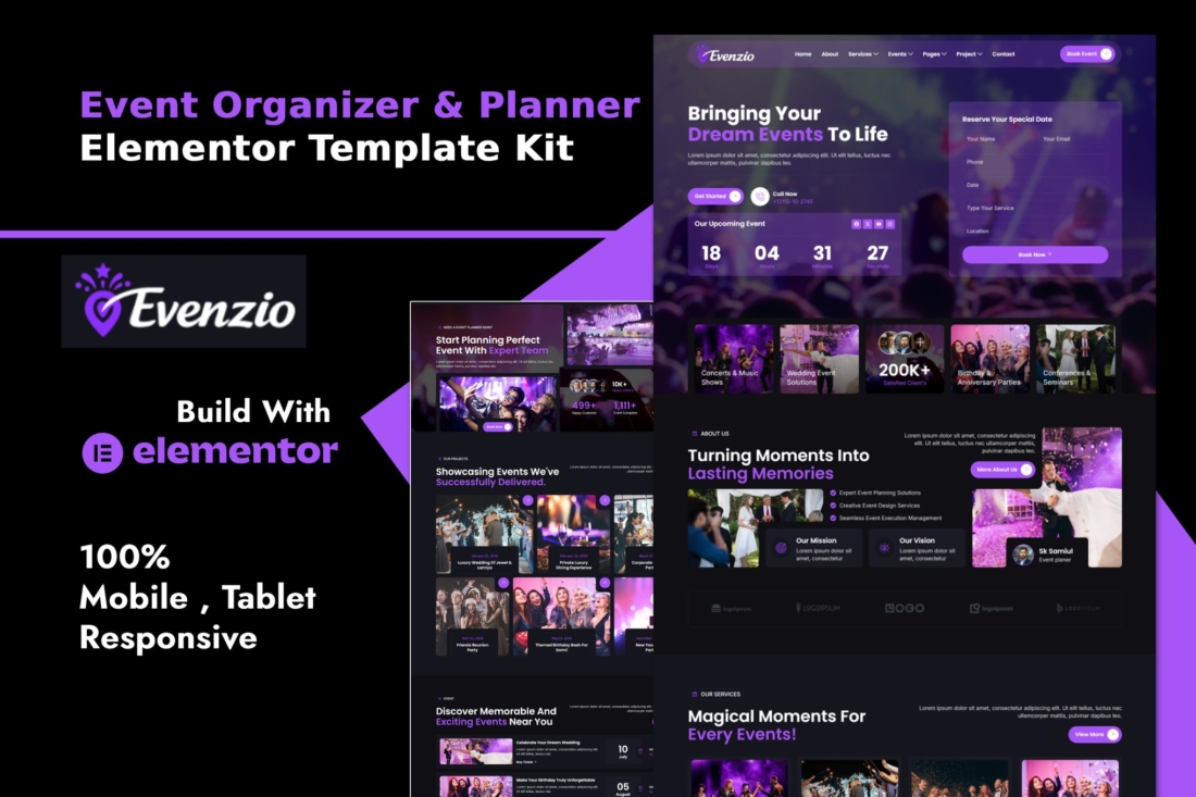 Evenzio – Kit de modelos do Elementor para organizadores e planejadores de eventos