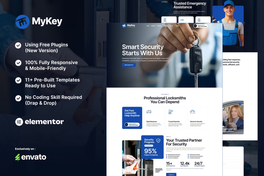 MyKey – Kit de modelos Elementor para serviços de chaveiro e fabricação de chaves